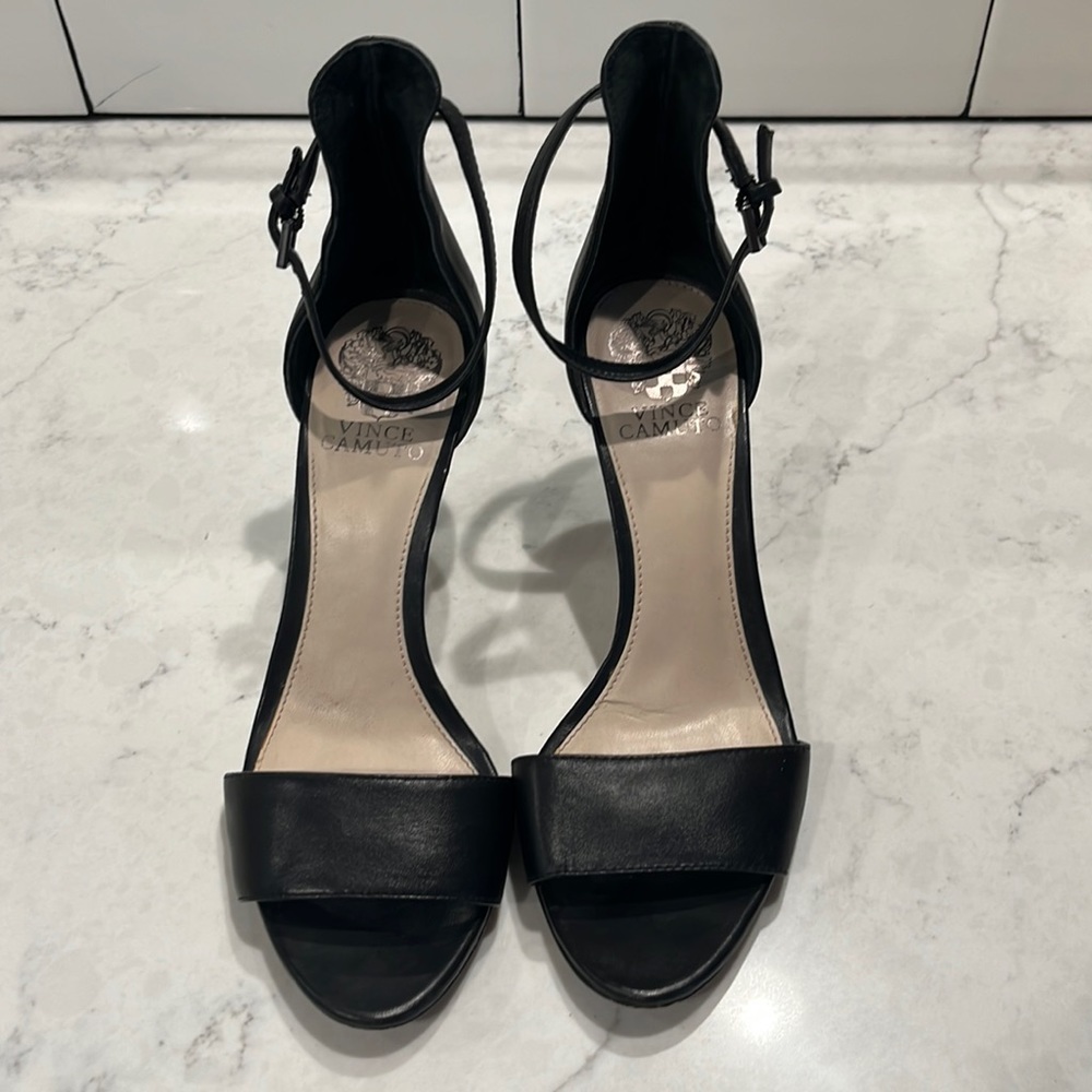 Vince Camuto black ankle strap heel. Good condition. Leather. 3.5” heel, size 8
